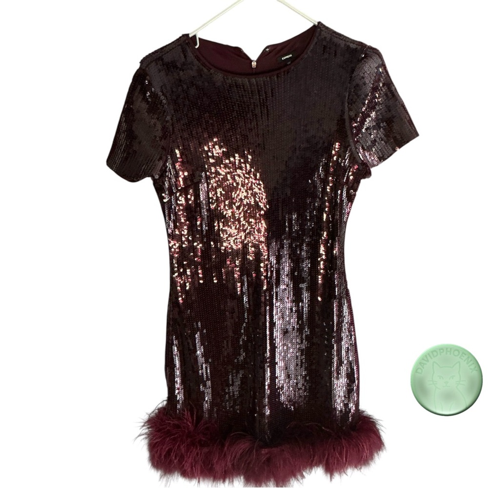 Express Burgundy Sequin Feather Hem Mini Dress – Size Medium New Without Tags - Picture 6 of 14